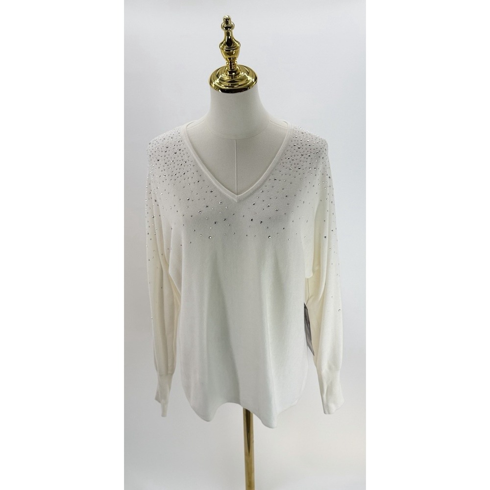 Sam & Jess Women's V Neck Long Sleeve Sweater Rhinestones Antique White Small S